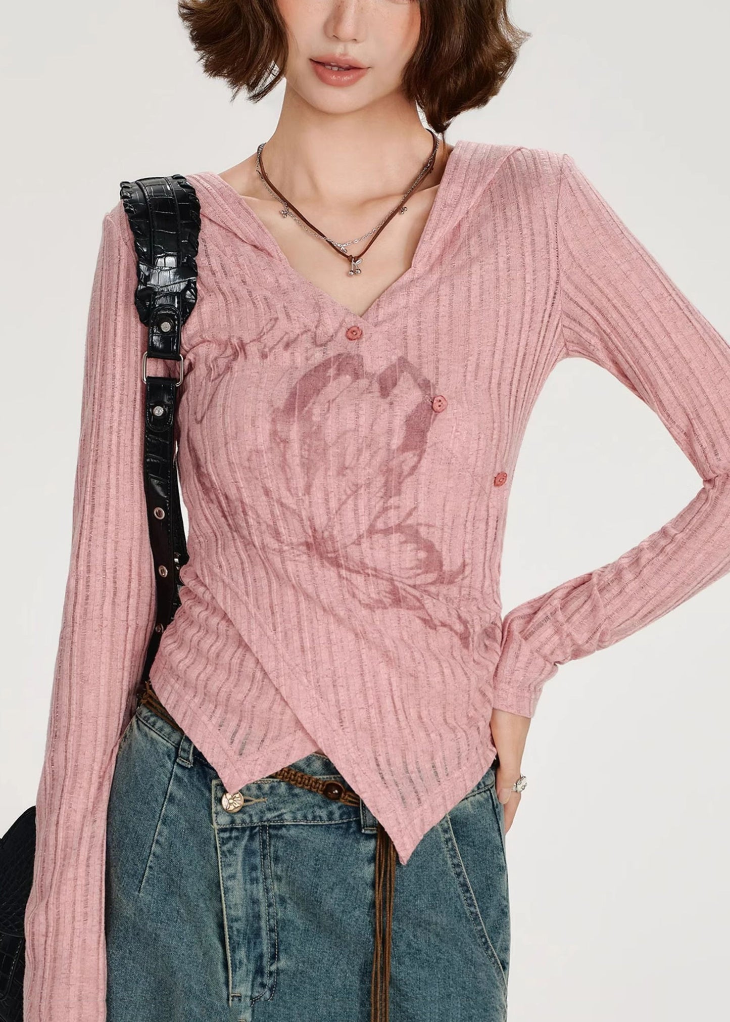 DIY Tops de punto con estampado asimétrico rosa para primavera