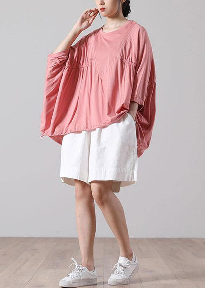 DIY Pink Cinched Cotton Shirt Top Summer Short Sleeve - SooLinen