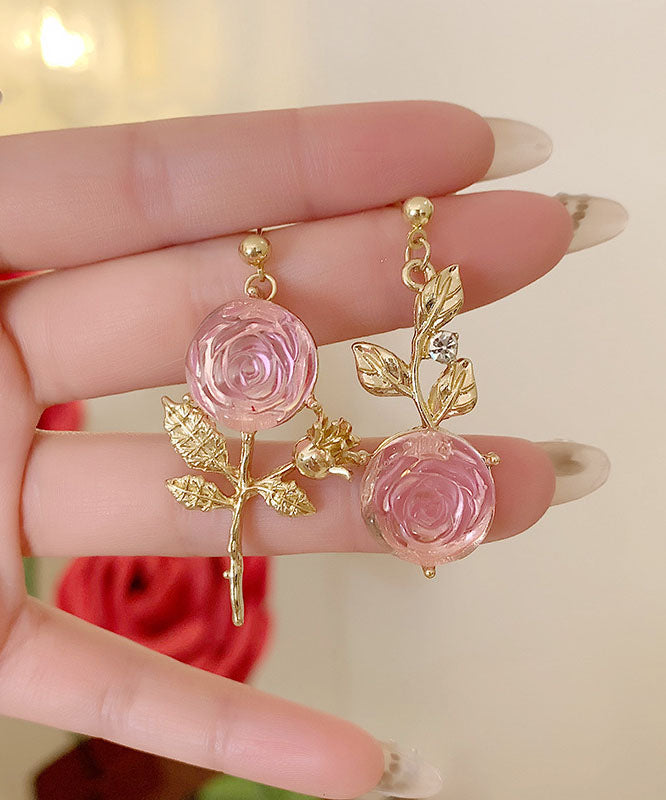 Pendientes colgantes asimétricos de acrílico rosa dorado con diseño floral DIY