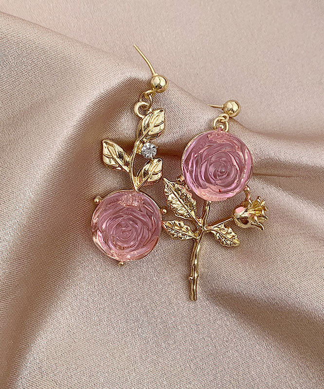 Pendientes colgantes asimétricos de acrílico rosa dorado con diseño floral DIY