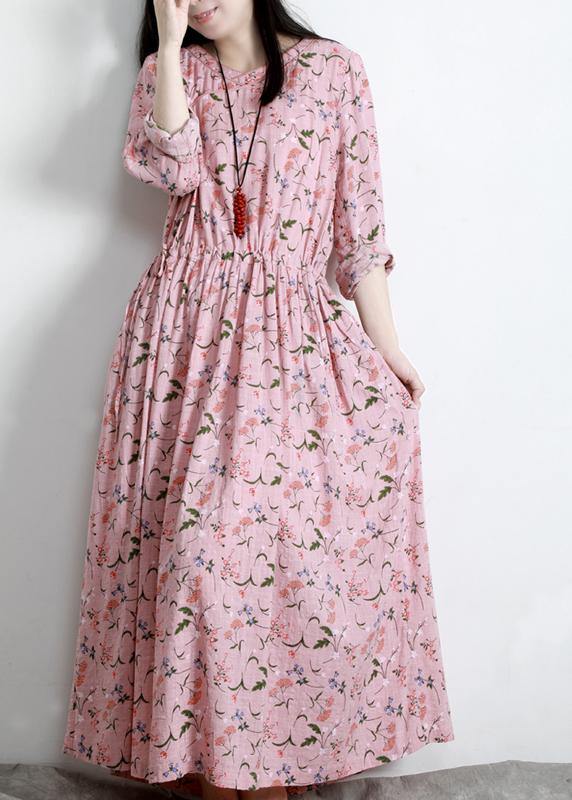 DIY Pink Print V Neck Long sleeve Party Summer Cotton Dress - SooLinen