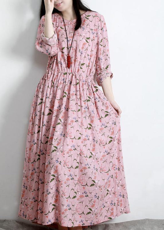 DIY Pink Print V Neck Long sleeve Party Summer Cotton Dress - SooLinen