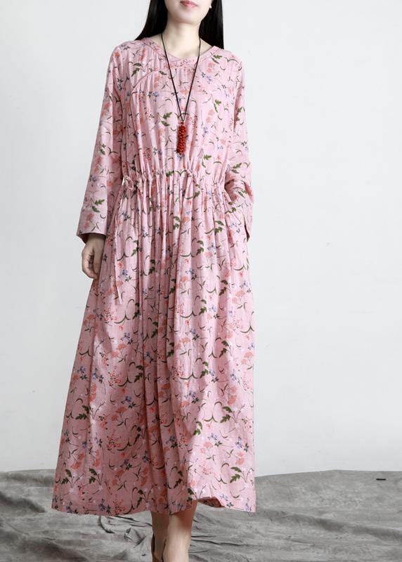 DIY Pink Print V Neck Long sleeve Party Summer Cotton Dress - SooLinen