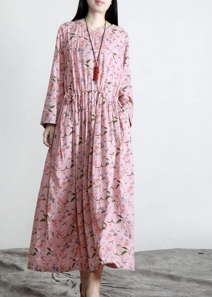 DIY Pink Print V Neck Long sleeve Party Summer Cotton Dress - SooLinen