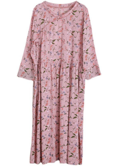 DIY Pink Print V Neck Long sleeve Party Summer Cotton Dress - SooLinen