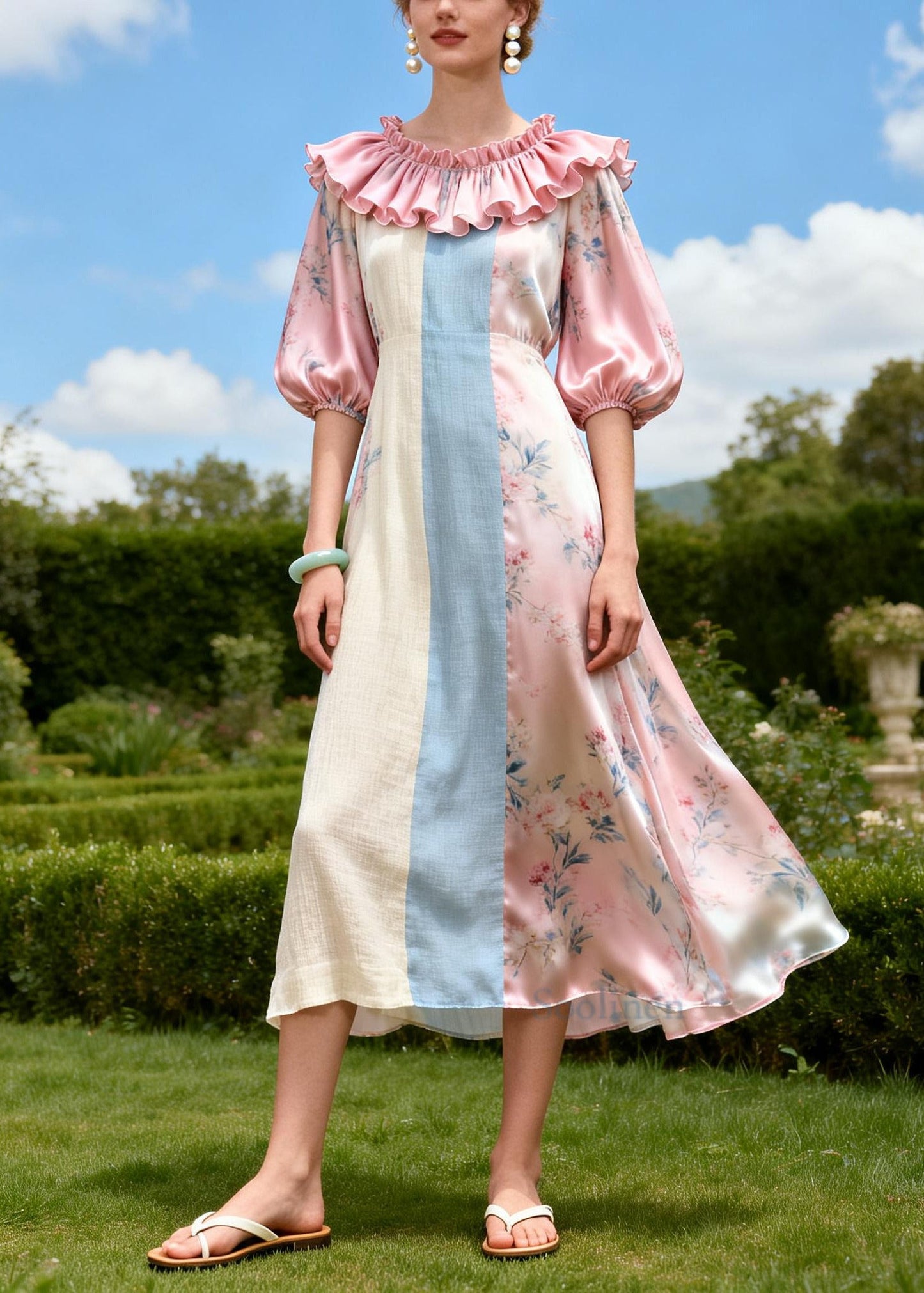 DIY Pink Ruffled Patchwork Linen Silk Vacation Dresses Summer