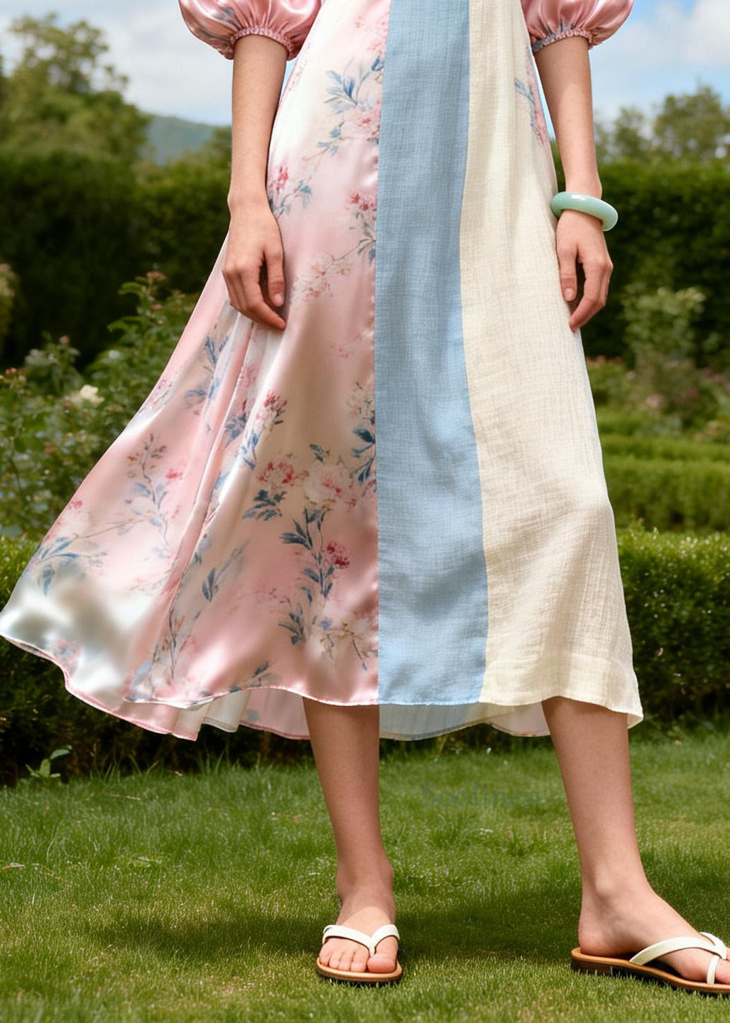 DIY Pink Ruffled Patchwork Linen Silk Vacation Dresses Summer