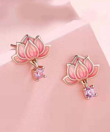 Pendientes DIY de plata de ley rosa con incrustaciones de circonita esmaltada y sobredorada