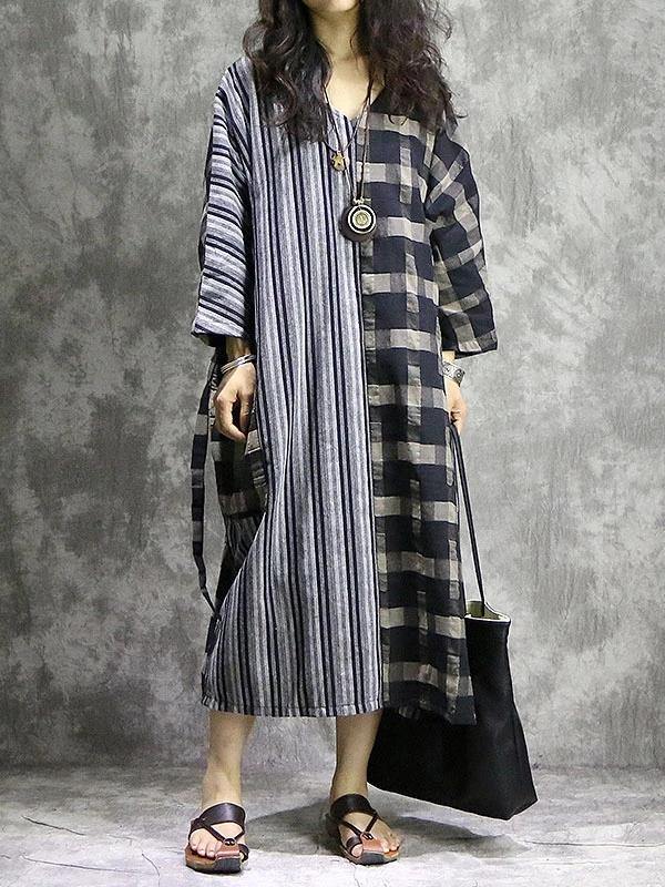 DIY Plaid patchwork striped cotton linen quilting dresses v neck pockets Maxi Dress - SooLinen