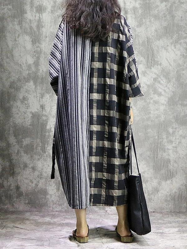 DIY Plaid patchwork striped cotton linen quilting dresses v neck pockets Maxi Dress - SooLinen