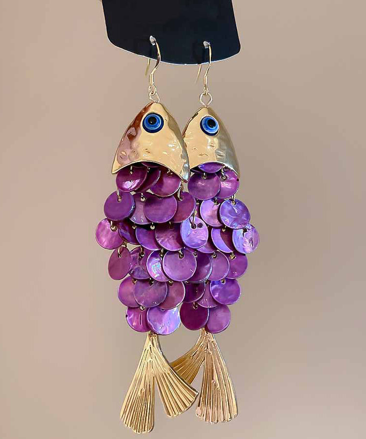 Pendientes colgantes con borlas de lentejuelas y conchas de aleación morada hechos a mano