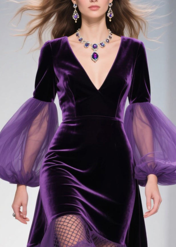 Vestido maxi de tul con mangas farol morado extragrande con patchwork y dobladillo grande