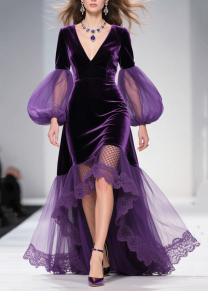 Vestido maxi de tul con mangas farol morado extragrande con patchwork y dobladillo grande