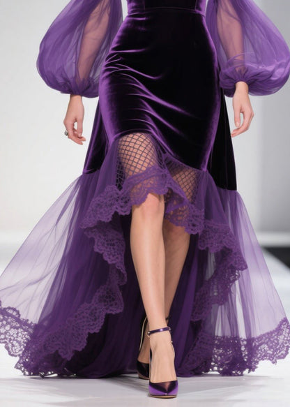 Vestido maxi de tul con mangas farol morado extragrande con patchwork y dobladillo grande