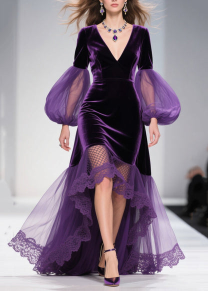 Vestido maxi de tul con mangas farol morado extragrande con patchwork y dobladillo grande