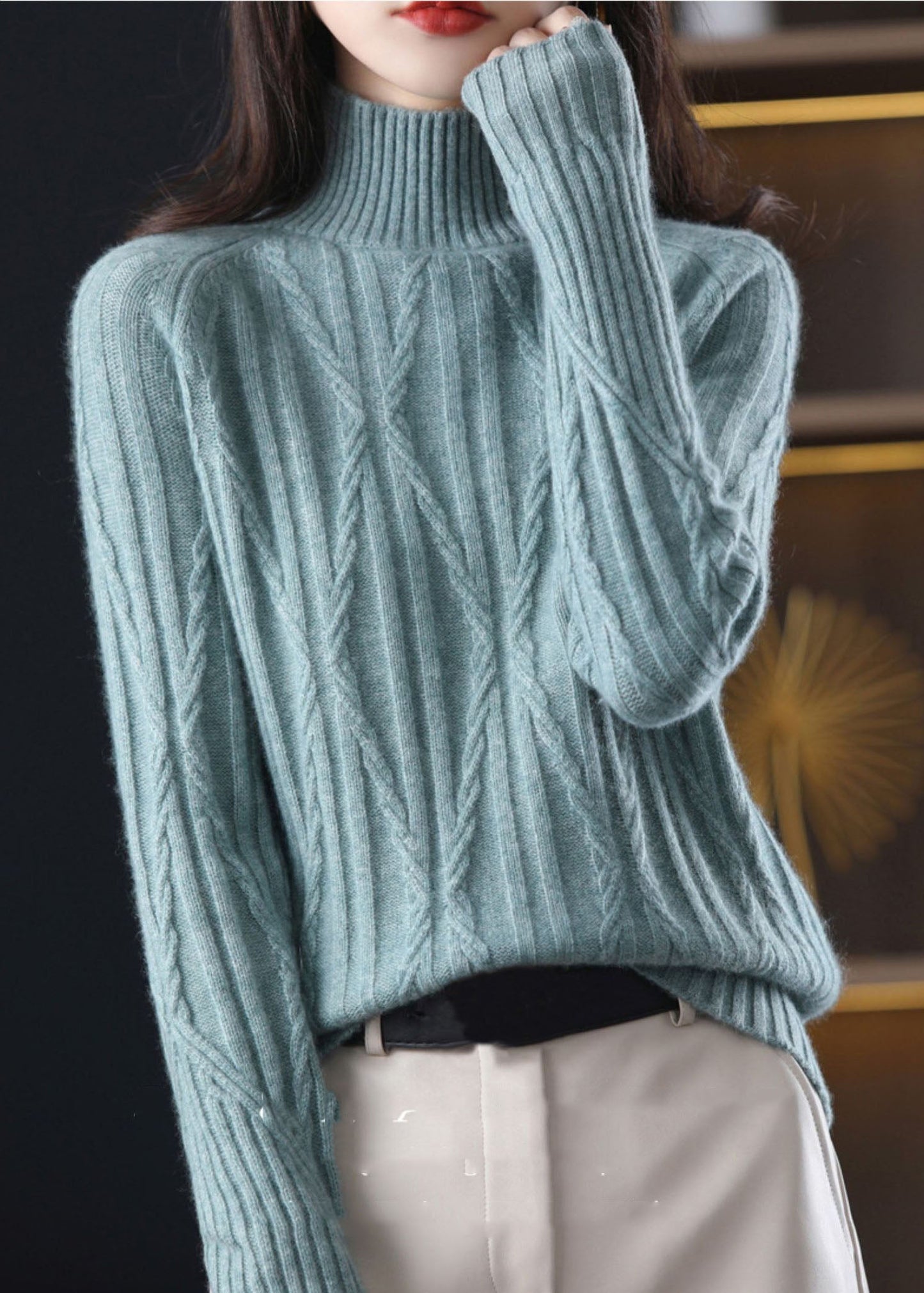 DIY Lila High Neck Dicke Wolle Zopfmuster Tops Winter