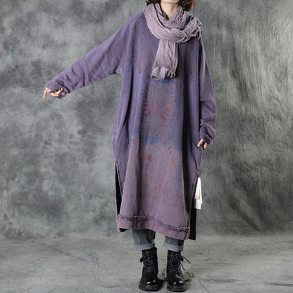 DIY Lila O-Ausschnitt Seite Offen Print Herbstkleid Langarm