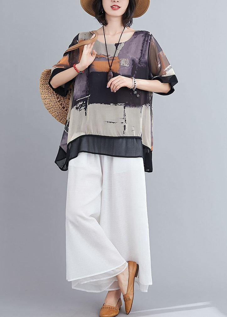 DIY Purple Print Chiffon tops White Wide Leg Summer Two Pieces Set - SooLinen