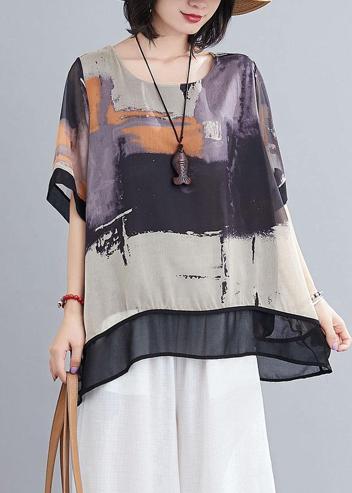 DIY Purple Print Chiffon tops White Wide Leg Summer Two Pieces Set - SooLinen