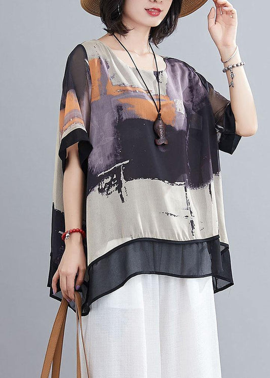 DIY Purple Print Chiffon tops White Wide Leg Summer Two Pieces Set - SooLinen