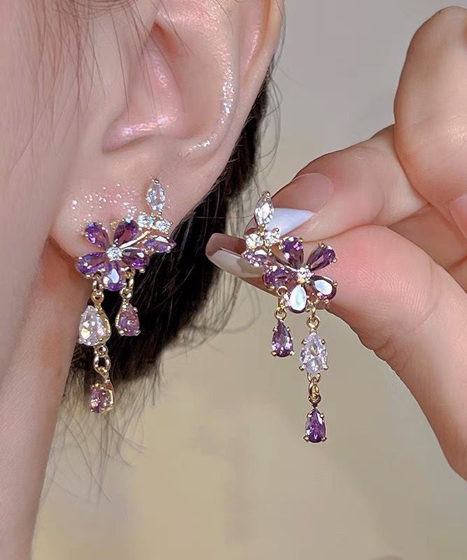 Pendientes colgantes con borlas de circonitas florales de plata de ley morada DIY
