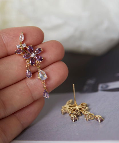 Pendientes colgantes con borlas de circonitas florales de plata de ley morada DIY