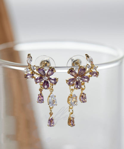 Pendientes colgantes con borlas de circonitas florales de plata de ley morada DIY