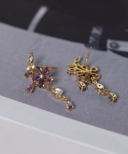 Pendientes colgantes con borlas de circonitas florales de plata de ley morada DIY