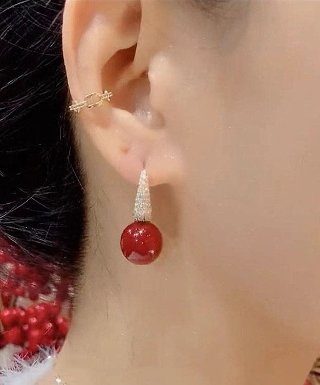 Pendientes colgantes de perla y circonita con sobredorado de cobre rojo hechos a mano