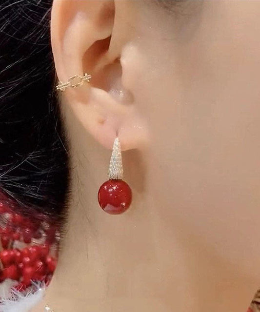 Pendientes colgantes de perla y circonita con sobredorado de cobre rojo hechos a mano