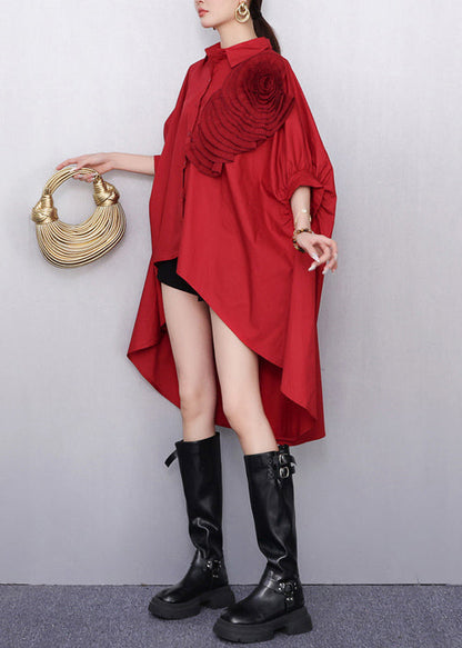 DIY rotes Baumwoll-Langarmshirt mit Blumenmuster und Fledermausärmeln