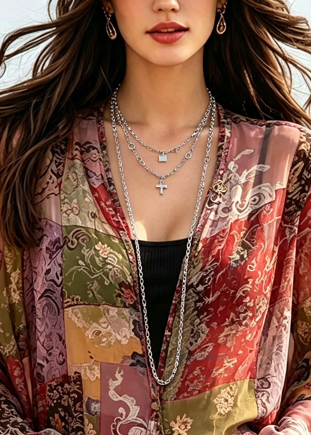 DIY Red Oversized Print Chiffon Shirts Flare Sleeve