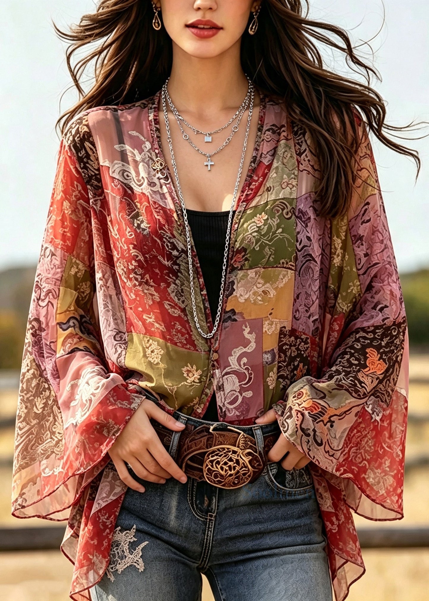 DIY Red Oversized Print Chiffon Shirts Flare Sleeve