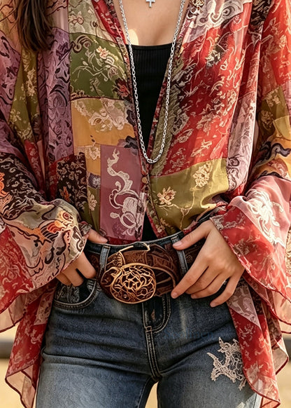 DIY Red Oversized Print Chiffon Shirts Flare Sleeve