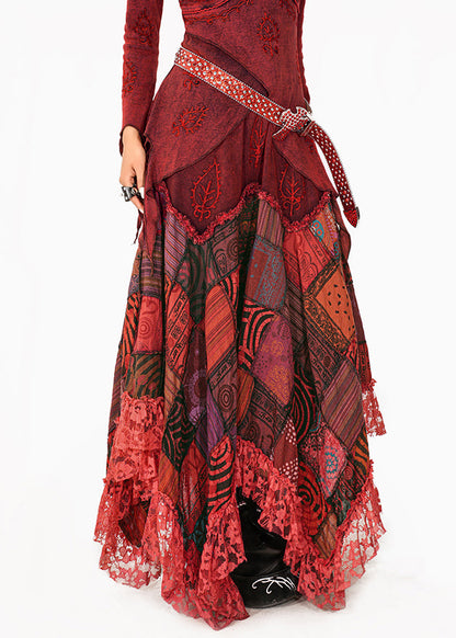 DIY Red Print Lace Patchwork A Line Skirt
