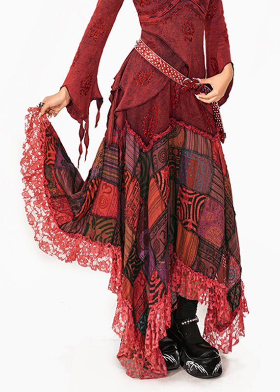 DIY Red Print Lace Patchwork A Line Skirt