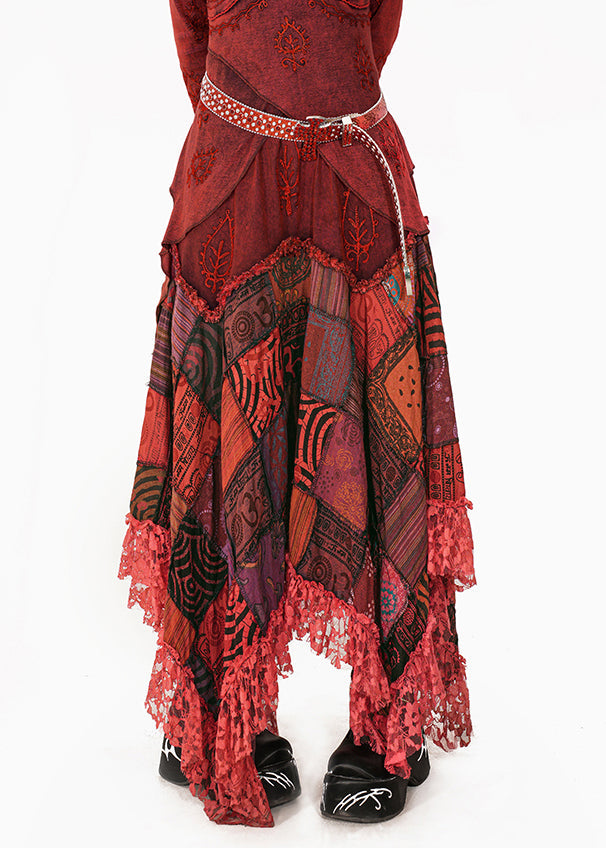DIY Red Print Lace Patchwork A Line Skirt