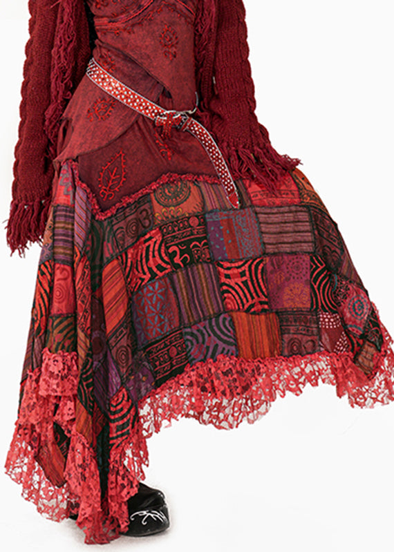 DIY Red Print Lace Patchwork A Line Skirt
