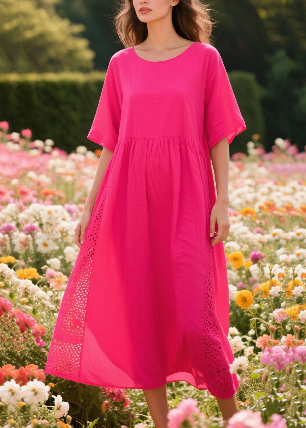 DIY Rose Oversized Patchwork Hollow Out Cotton Maxi Dress Summer