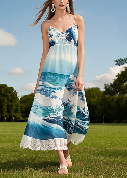 DIY Sea Blue Print Lace Patchwork Chiffon Sundress Summer