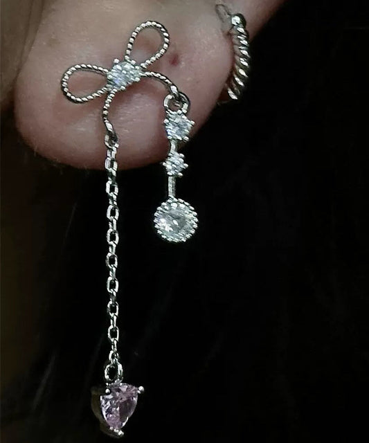 DIY Silk Copper Zircon Love Bow Tassel Single Drop Earrings