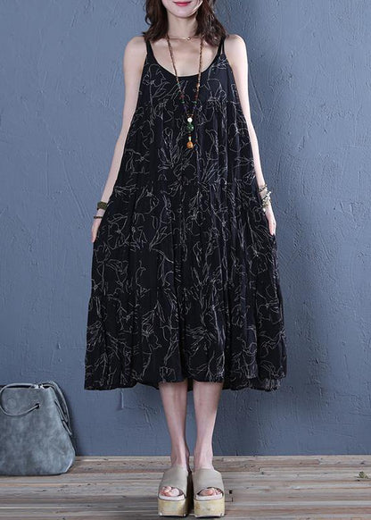 DIY Spaghetti Strap cotton dresses Outfits black print cotton Dress - SooLinen