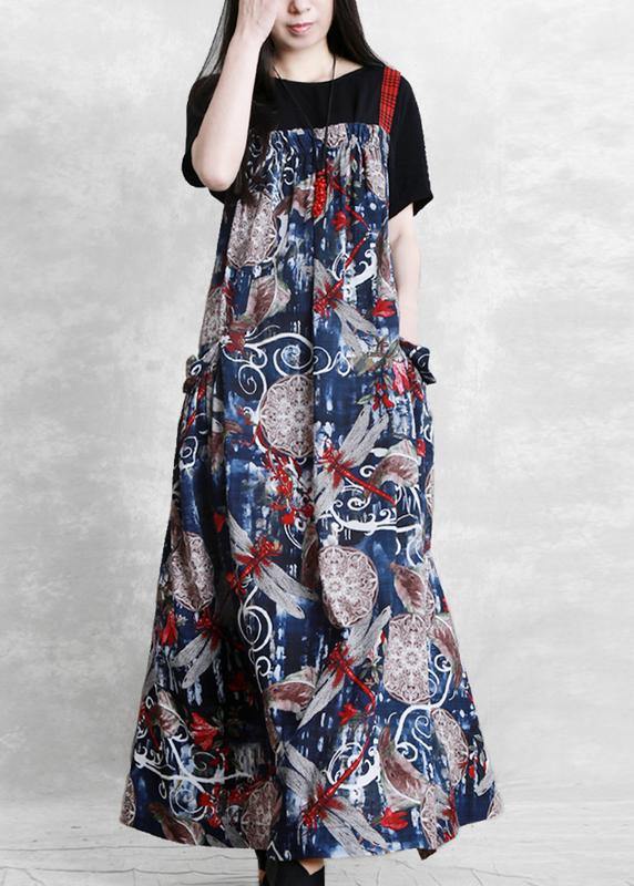 DIY Spaghetti Strap pockets dress design blue print Dress - SooLinen