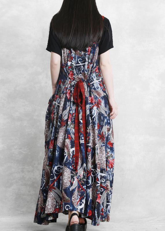 DIY Spaghetti Strap pockets dress design blue print Dress - SooLinen