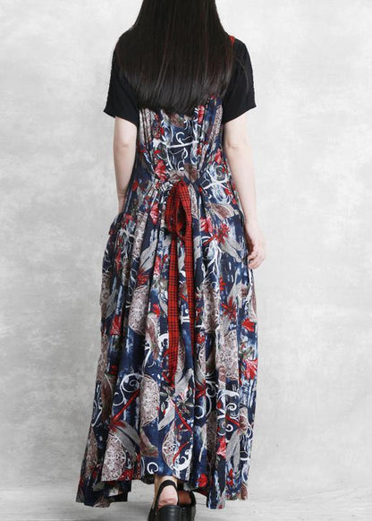 DIY Spaghetti Strap pockets dress design blue print Dress - SooLinen