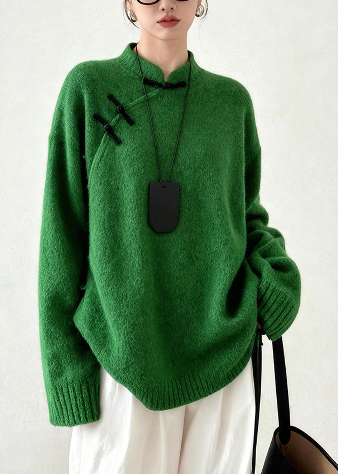 Suéter de punto con botones chinos y cuello mandarín verde té para invierno