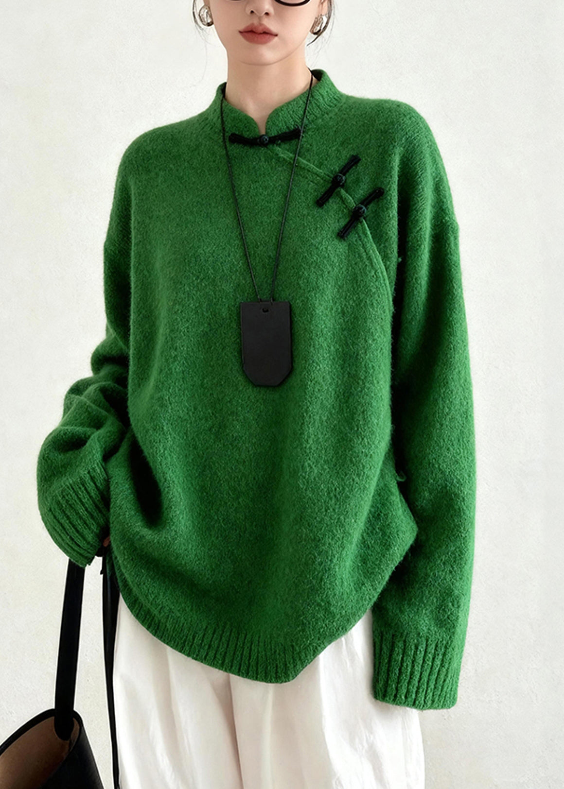 Suéter de punto con botones chinos y cuello mandarín verde té para invierno