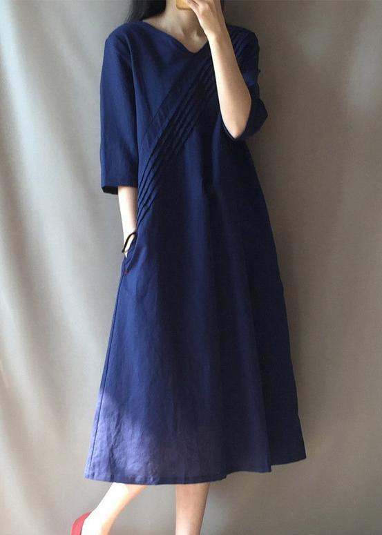DIY V Neck Half Sleeve Long Shirts Neckline Navy Traveling Dress - SooLinen
