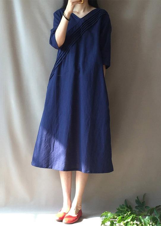 DIY V Neck Half Sleeve Long Shirts Neckline Navy Traveling Dress - SooLinen