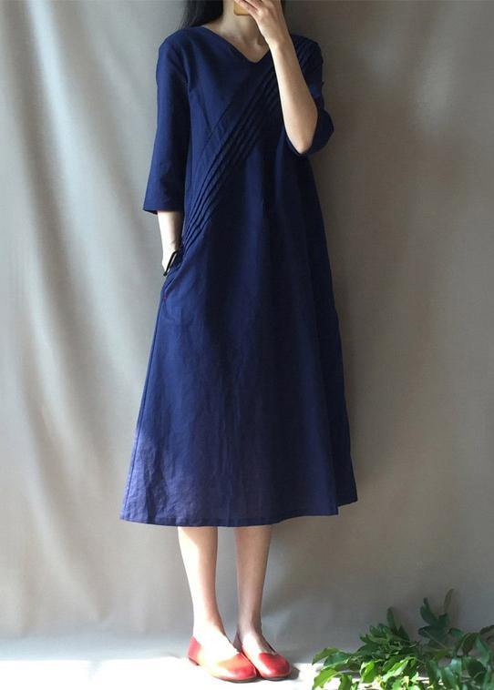 DIY V Neck Half Sleeve Long Shirts Neckline Navy Traveling Dress - SooLinen